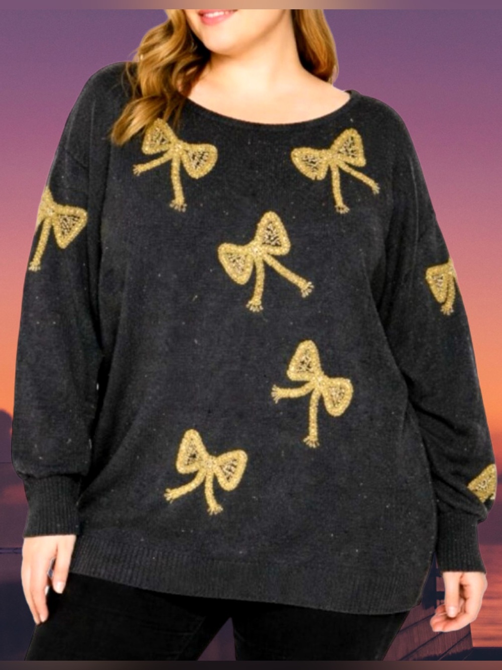 IB Diffusion Women’s Black & Gold Beaded Bow-Tie VINTAGE Knit Sweater⭐️⭐️2X
